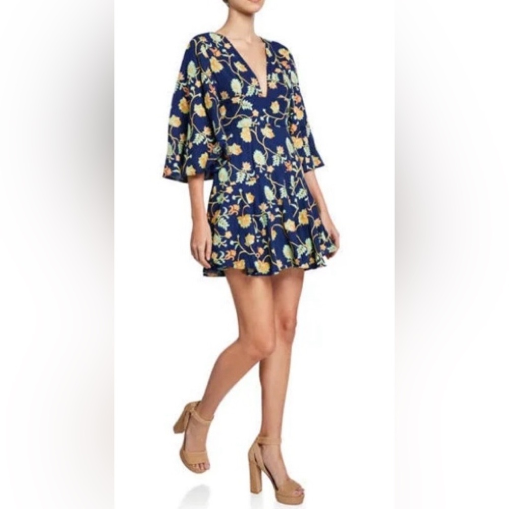 Mestiza New York Bell Sleeves Blue Floral Mini Dress in Linen Cotton Size 2